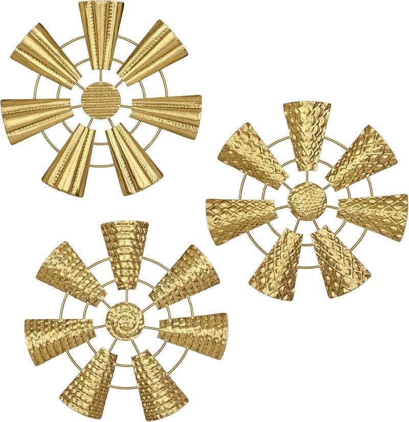 Briful 12" Wall Décor Pack of 3 Metal Gold Windmill Radial Plate Wall Art Modern Accent Hanging Wall Decorations For Home Office Living Room Wall Sculptures - Image 1